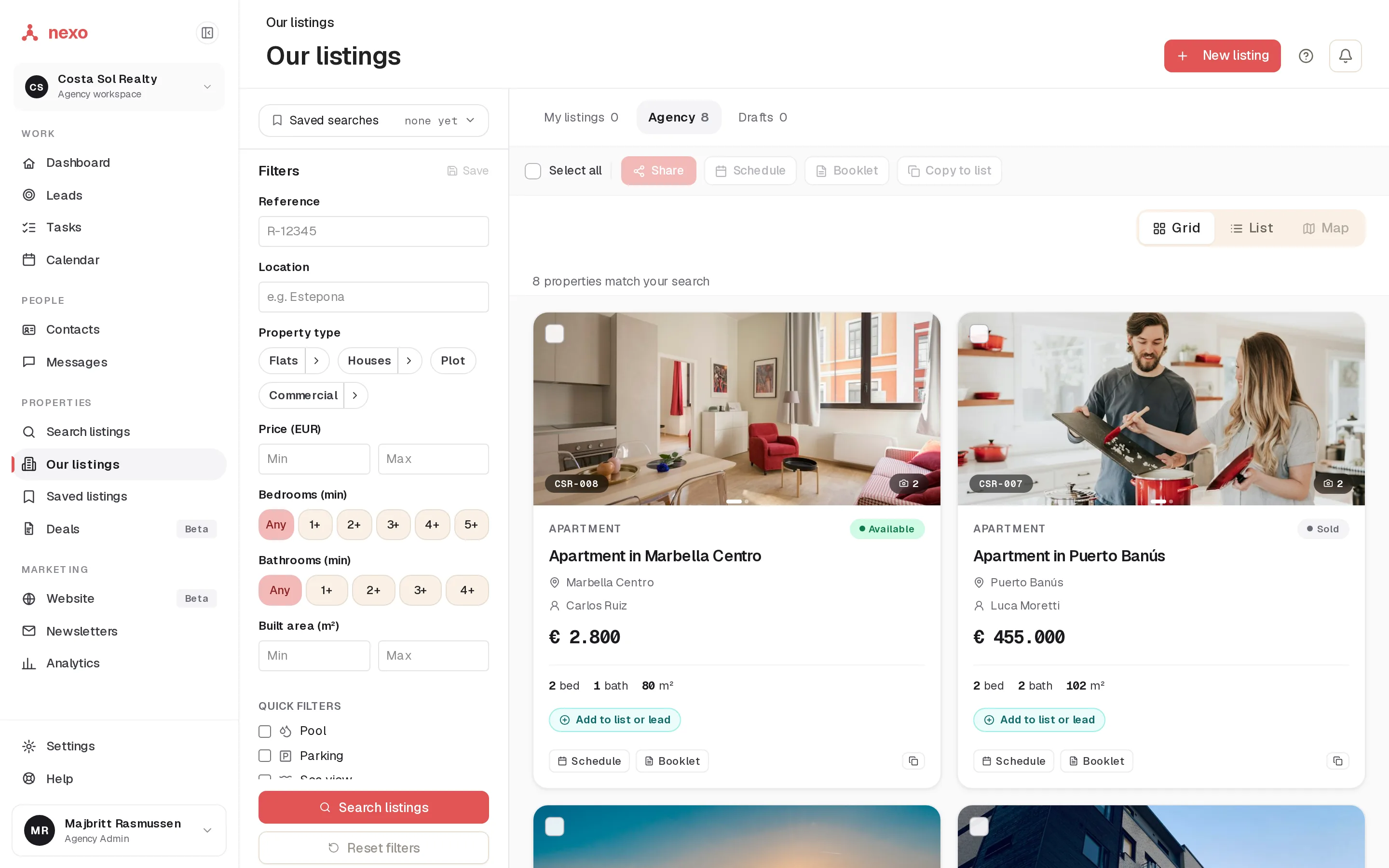 Our listings in nexo, real app with demo data